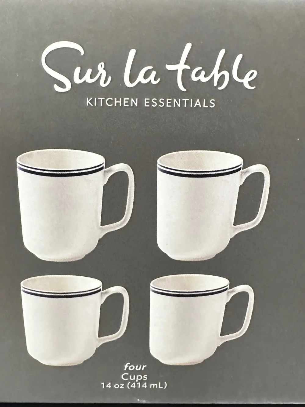 Sur La Table White Mugs with Navy Stripe - Set of 4 white, durable porcelain